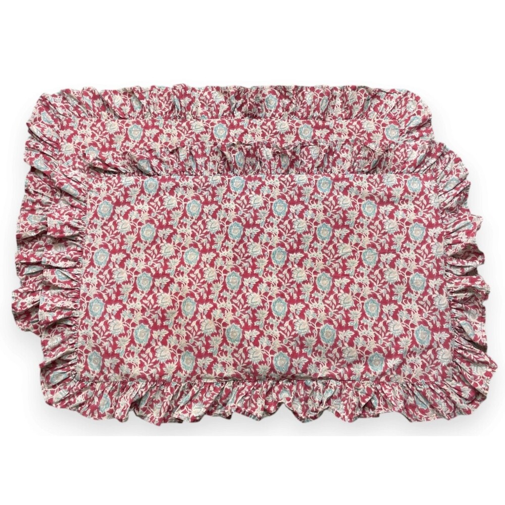 2 Ralph Lauren Collette Floral King Pillow Shams Red Blue Ruffle Cotton Vintage